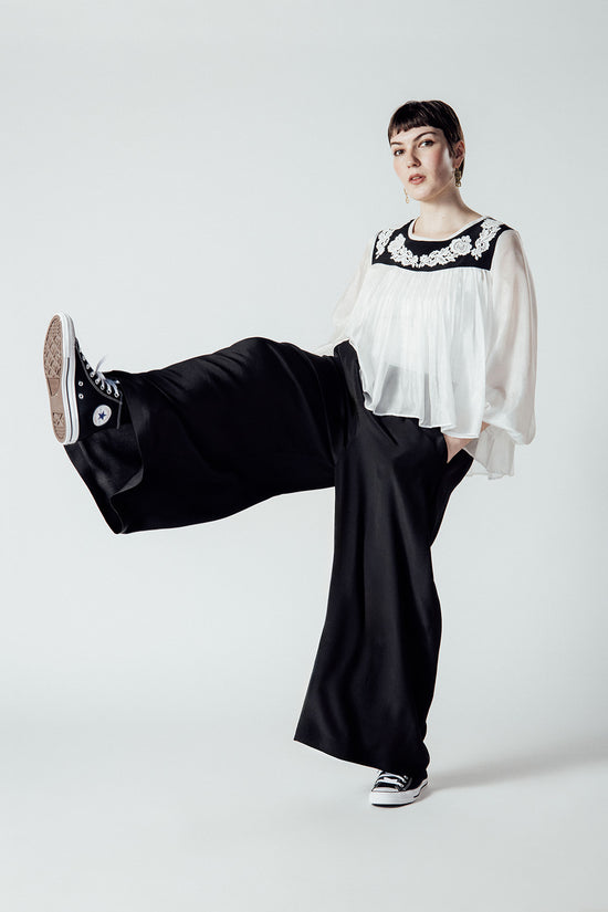 Image Title Silk Crepe De Chine V Yoke Wide Leg Trousers